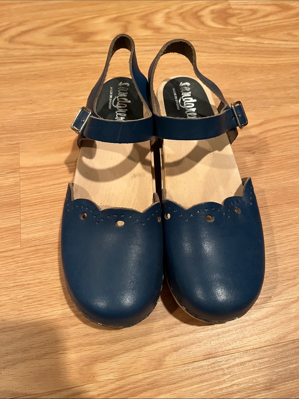 Sandgrens Leather Ankle-Strap Clog Mules in Navy Blue - Picture 2 of 7